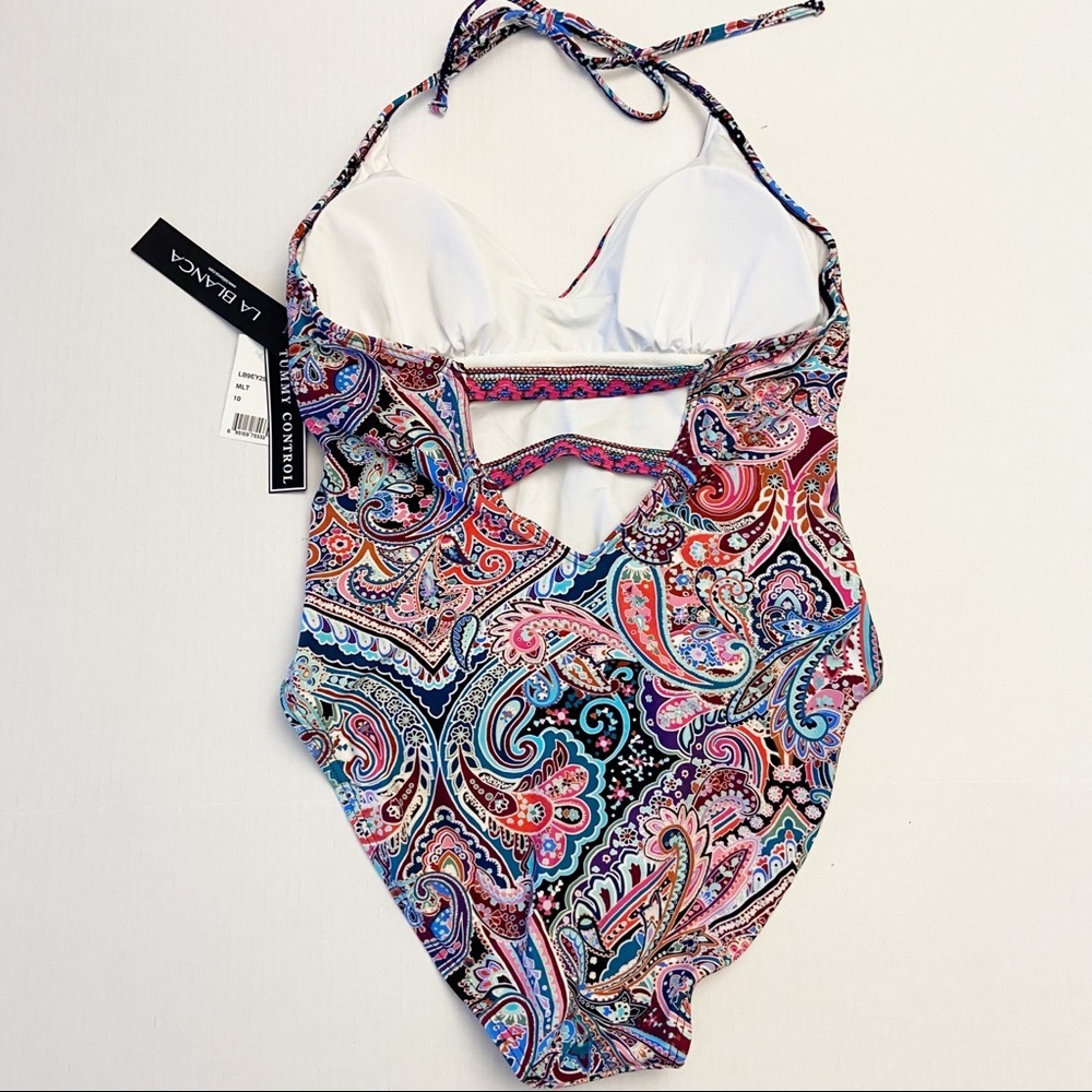 Sold La Blanca Purple Paisley Halter V Neck Tummy Control One Piece Swimsuit - Picture 3 of 8